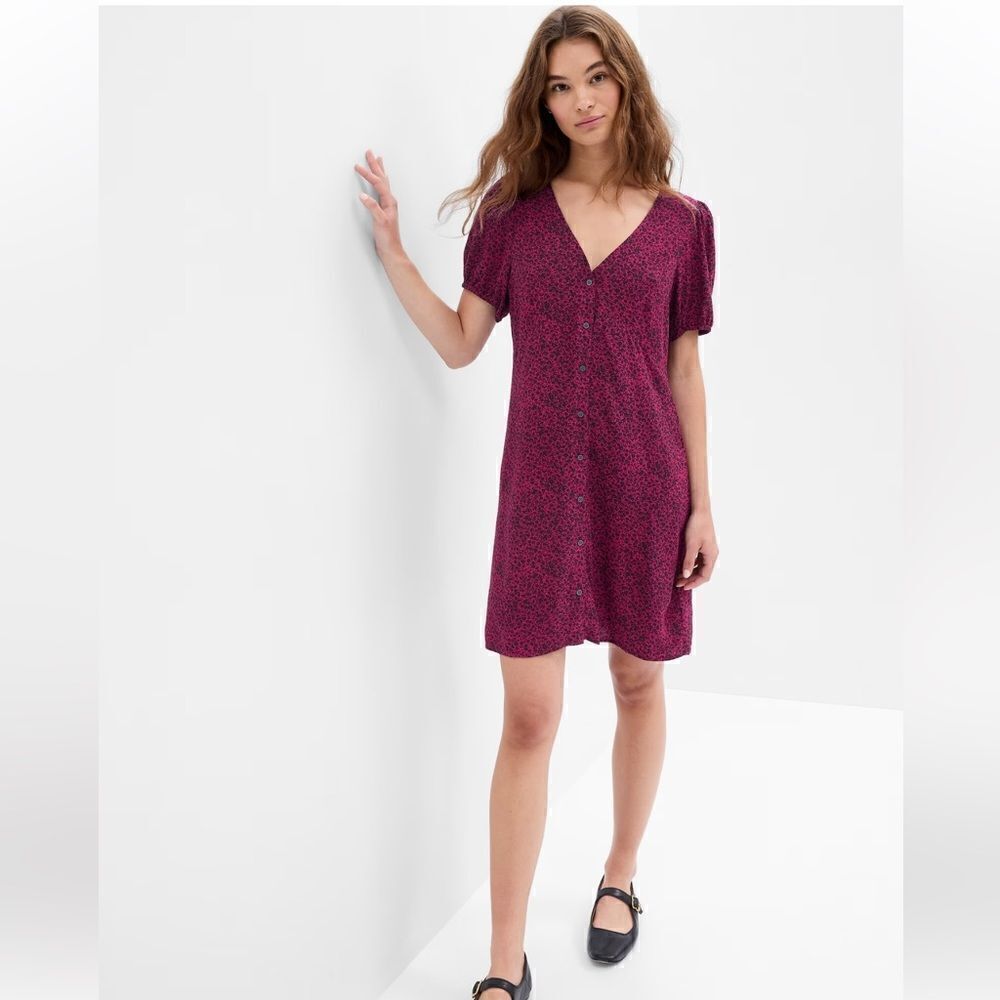 Gap Ditzy Flower Print Puff Sleeve Mini Pink Black Women’s Dress Size Medium